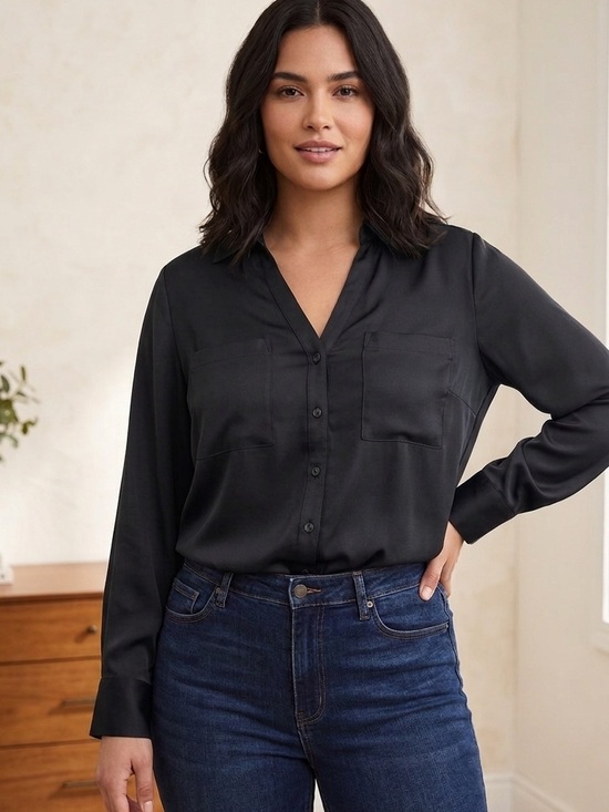 Express Tops - Express Black Button-Front Collared Blouse